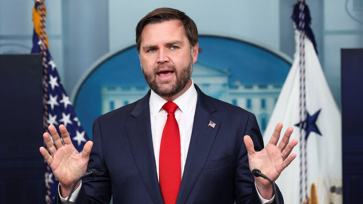 Vice President JD Vance speaks during a media briefing in Washington, DC, on Oct. 1, 2025.