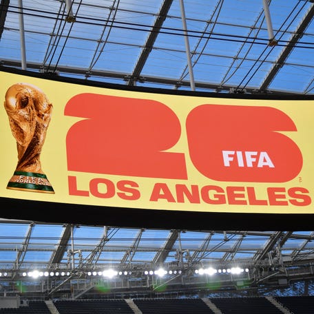 LA World Cup 2026 branding pictured at SoFi Stadium.