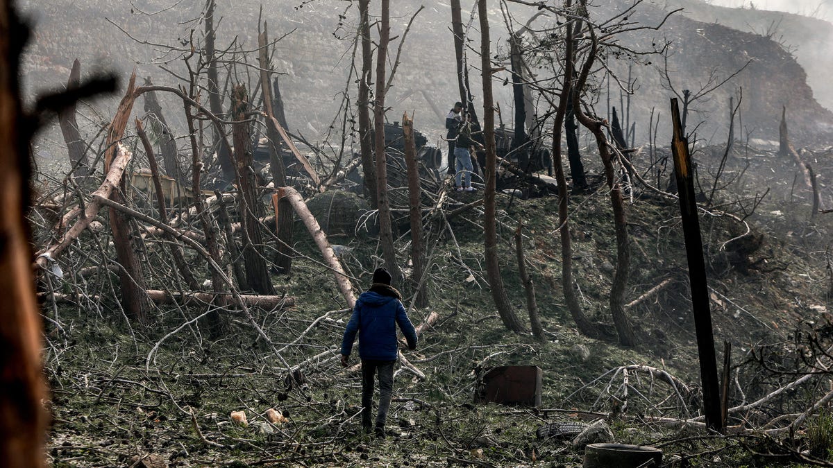 Men inspect fallen trees near the site of a Syrian army weapons depot that was hit by overnight Israeli bombardment on the outskirts of the village of Bmalkah in the countryside of Tartus in western Syria on December 16, 2024. A Syrian bunker complex outside the port of Tartus was ablaze and rocked by explosions on December 16 just hours after what the UK-based Syrian Observatory for Human Rights and local residents said was an intense wave of Israeli air strikes.