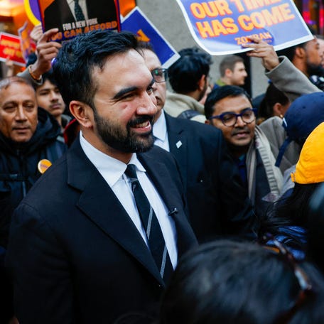 Zohran Mamdani, Democratic nominee in the New York City mayoral race, walks with supporters on Oct. 16, 2025.