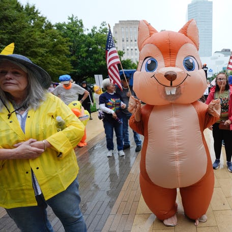People gather for the No Kings protest on Saturday, Oct. 18, 2025 at City Hall Park in Oklahoma City.