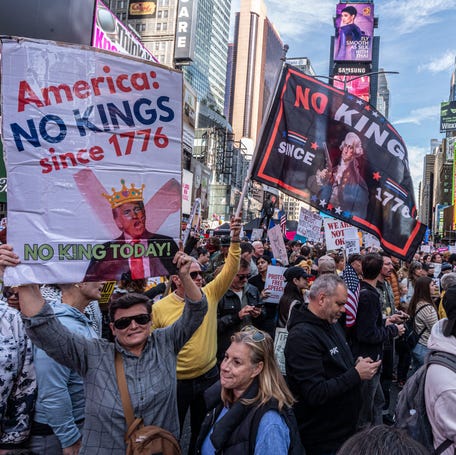 Thousands packed Times Square in Manhattan during a "No Kings" protest in New York City on Oct. 18, 2025.