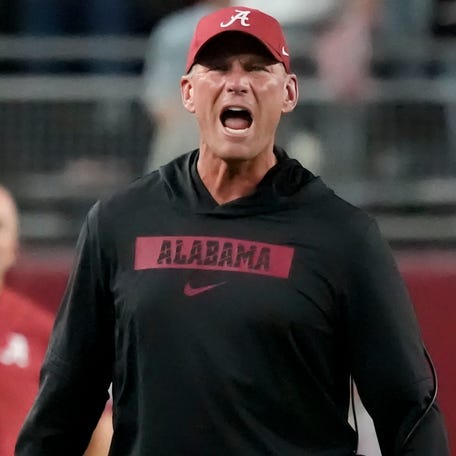 Alabama football coach Kalen DeBoer yells at officials after a call during his team's game against Tennessee at Saban Field at Bryant-Denny Stadium.