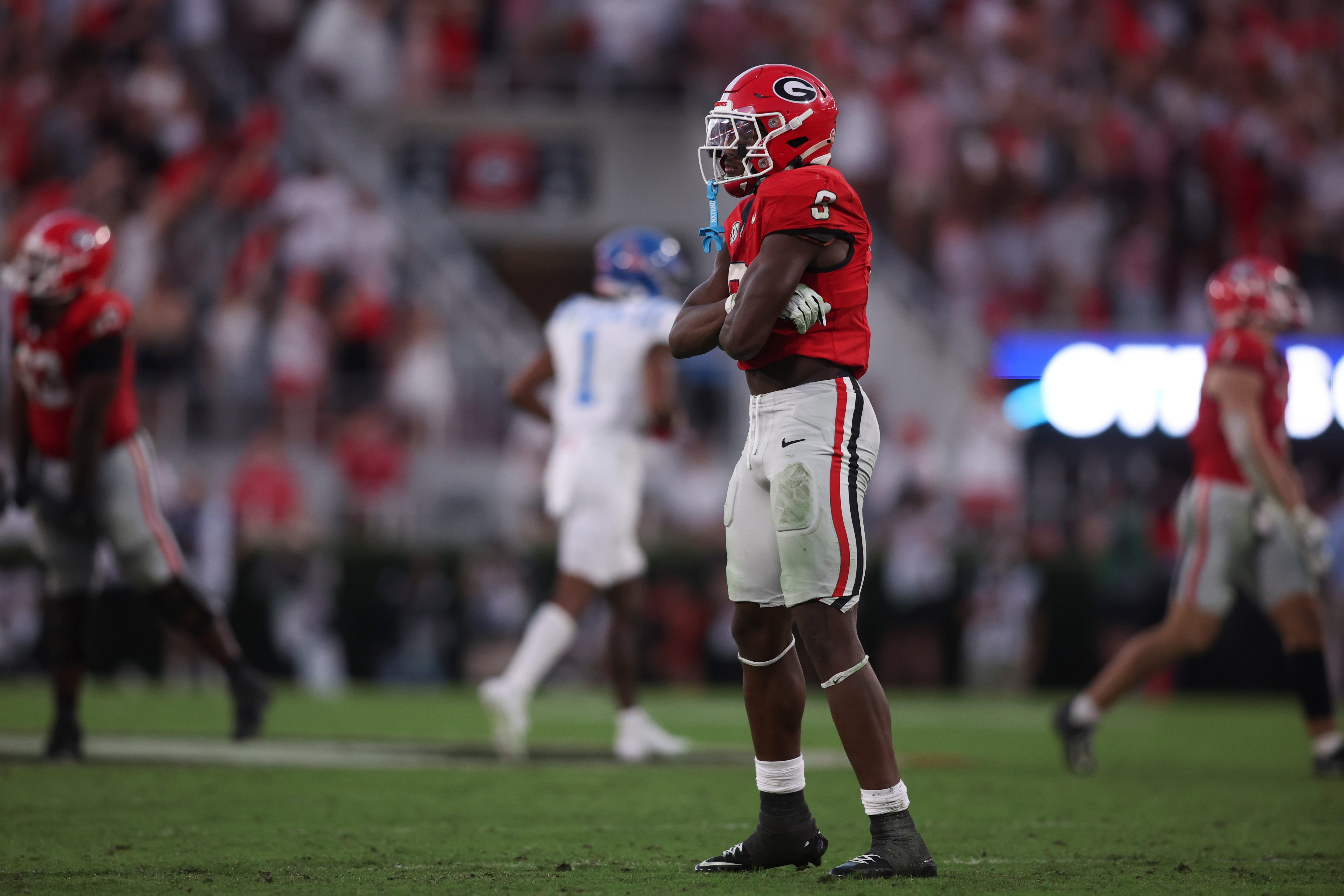Oct 18, 2025; Athens, Georgia, USA; Georgia Bulldogs linebacker Chris Cole (9) reacts during the fourth quarter of the game against the Mississippi Rebels at Sanford Stadium.