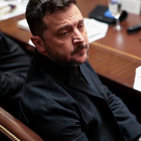 Ukraine's President Volodymyr Zelenskiy meets with U.S. President Donald Trump (not pictured) over lunch in the Cabinet Room at the White House in Washington, D.C., U.S., October 17, 2025.