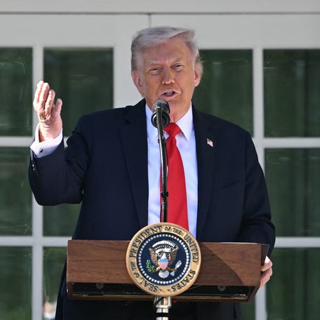 President Donald Trump speaks at a "Rose Garden Club" lunch in the Rose Garden of the White House in Washington, DC, on October 21, 2025.