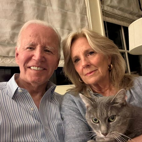 Former U.S. President Joe Biden and former First Lady Jill Biden pose for a selfie photo, in this handout social media picture released May 19, 2025.