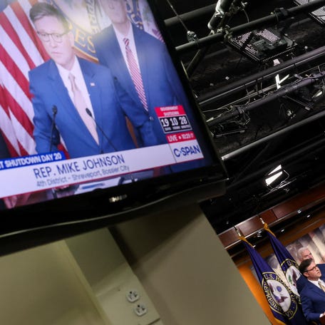 House Speaker Mike Johnson (R-LA) speaks during a press conference, weeks into the continuing U.S. government shutdown on Capitol Hill in Washington, D.C., U.S., October 20, 2025.