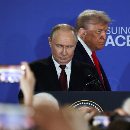 President Donald Trump and President Vladimir Putin hold a news conference following their Ukraine-Russia war summit in Anchorage, Alaska, on Aug. 15, 2025.