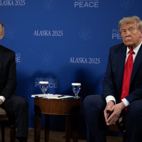 President Donald Trump and Russian President Vladimir Putin meet during a US-Russia summit on Ukraine at Joint Base Elmendorf-Richardson in Anchorage, Alaska, on August 15, 2025.