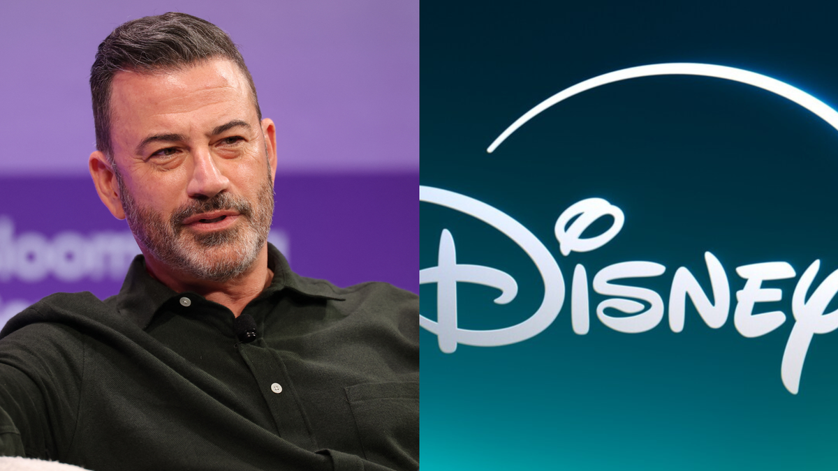 Jimmy Kimmel, left, seen in October 2025. The Disney+ logo is seen on the right.
