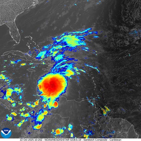 Satellite view of Tropical Storm Melissa 6 a.m. Oct. 22, 2025.