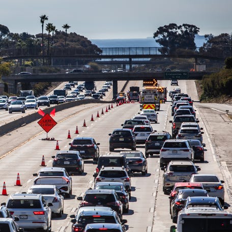 Traffic at Interstate 5 on Oct. 18, 2025, in San Clemente, California. A 17-mile stretch of the highway was temporarily closed on Oct. 19 due to a live-ammunition demonstration at Camp Pendleton, held in celebration of the U.S. Marine Corps' 250th anniversary.