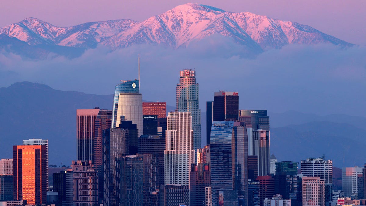 A general view of the Los Angeles downtown skyline with a view of mountains in the background at sunset from Kenneth Hahn State Recreation Area on Oct. 15, 2025, in Los Angeles.