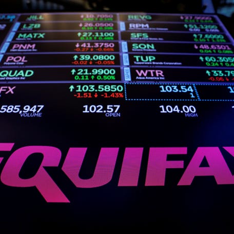 The logo and trading information for Credit reporting company Equifax Inc. are displayed on a screen on the floor of the New York Stock Exchange (NYSE) in New York, U.S., September 26, 2017.
