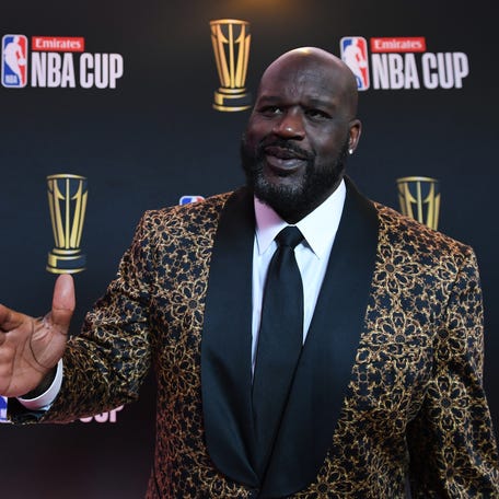 Shaquille O'Neal arrives on the red carpet before the Emirates NBA Cup semifinal game at T-Mobile Arena.