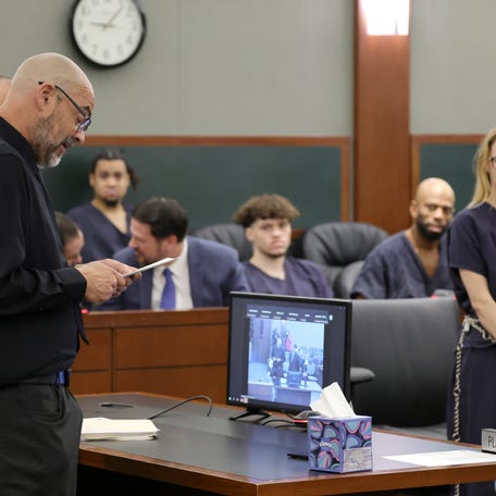 Aaron Goodwin reads a victim impact statement as Victoria Goodwin listens in Clark County District Court on June 5, 2025 in Las Vegas, Nevada.