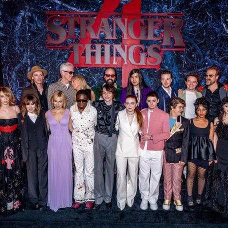 Cara Buono, Maya Hawke, Winona Ryder, Campbell Bower, Millie Bobby Brown, Matthew Modine, Caleb McLaughlin, Brett Gelman, Finn Wolfhard, Eduardo Franco, Sadie Sink, Noah Schnapp, Joseph Quinn, Gaten Matarazzo, Charlie Heaton, Priah Ferguson, David Harbour, Natalia Dyer and Joe Keery attend Netflix's "Stranger Things" season 4 premiere on May 14, 2022, in Brooklyn, New York.