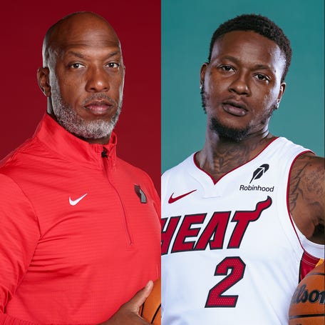 From left, Portland Trail Blazers head coach Chauncey Billups, Miami Heat guard Terry Rozier and former NBA player Damon Jones are facing criminal charges in connection with illegal gambling on games and rigged poker games that had Mafia ties.
