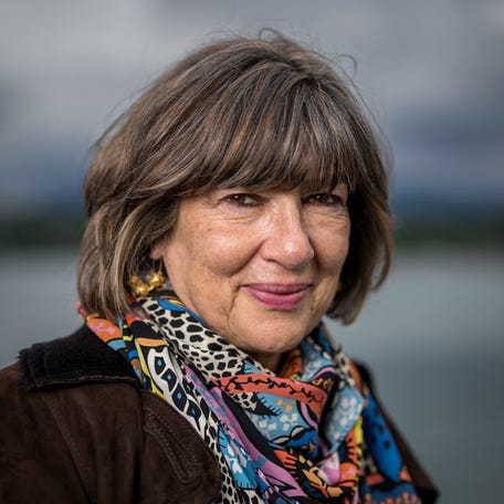 Christiane Amanpour poses for a photograph during the presentation of the exhibition "Dessins pour la liberte" (Cartoons for peace) in Geneva, Florida, on May 3, 2024.