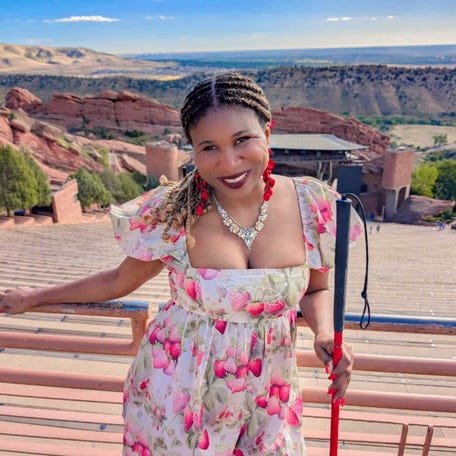 Lachi brings her glam cane with her to empower other blind people and as a conversation starter.