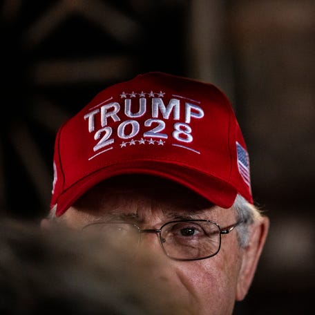 An attendee wears a 'Trump 2028' hat during a policy event with Department of Homeland Security Secretary Kristi Noem during a policy event regarding concerns about the Canadian Northern Border on June 20, 2025 in Detroit, Michigan. In April 2025, U.S. Border Patrol apprehended 4,835 individuals attempting to cross the border illegally from Canada, down from a high of nearly 19,000 in August 2024, highlighting a sharp post-election slowdown in northern migration.