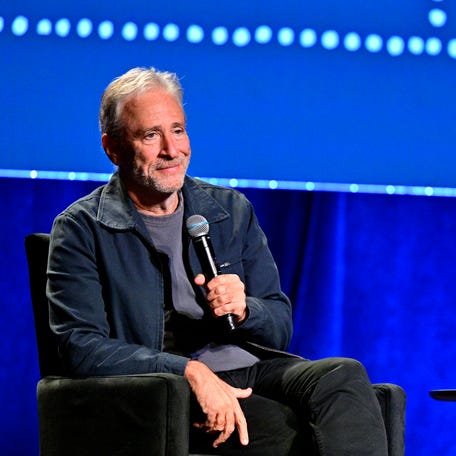 Jon Stewart talks with David Remnick during The 2025 New Yorker Festival at Webster Hall on Oct. 26, 2025, in New York City.