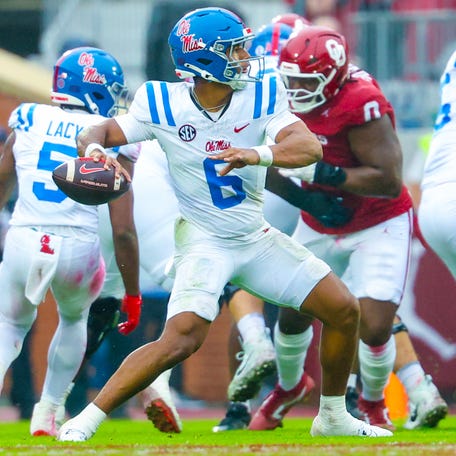 Mississippi quarterback Trinidad Chambliss (6) looks to throw during his team's game against Oklahoma at Gaylord Family-Oklahoma Memorial Stadium.