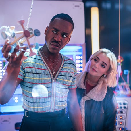 The Doctor (Ncuti Gatwa), left, and his companion Ruby Sunday (Millie Gibson) investigate a Baby Farm in the future on "Doctor Who."