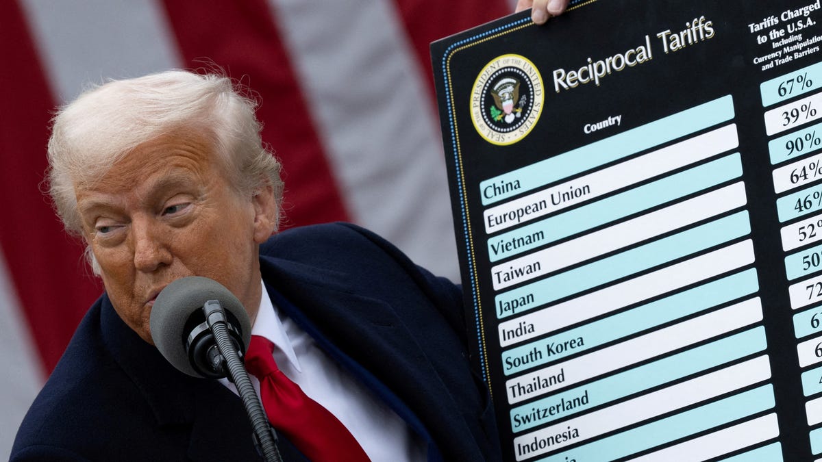 President Donald Trump delivers remarks on tariffs in the Rose Garden at the White House in Washington, D.C., U.S., April 2, 2025.