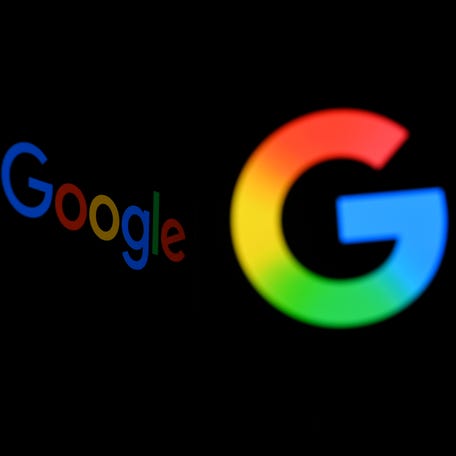 This photo illustration shows Google logos.