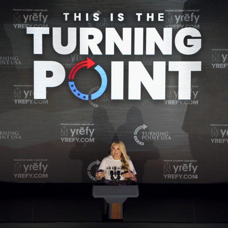 Erika Kirk, the CEO of Turning Point USA and widow of Charlie Kirk, speaks during the 