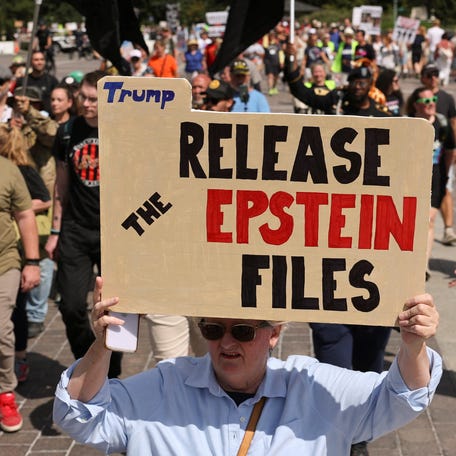 Anti-Trump demonstrators march near the U.S. Capitol, protesting against issues including the Jeffrey Epstein case and the increased presence of military and federal law enforcement in the D.C area ordered by U.S President Donald Trump, in Washington, D.C., U.S. September 2, 2025. REUTERS/Jonathan Ernst