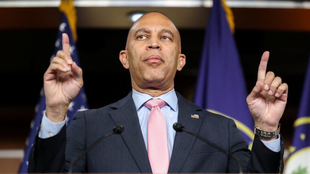 House Minority Leader Hakeem Jeffries, D-New York, speaks during a Capitol Hill news conference in Washington, DC, on Oct. 28, 2025, to discuss how the ongoing government shutdown is affecting SNAP food aid benefits and health care.
