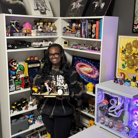 Sahara Haney, 36, has decorated her home office with some of the LEGO sets that she has put together, including the Jazz Quartet set.
