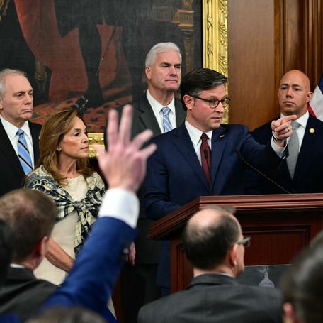 House Speaker Mike Johnson, R-Louisiana, and fellow Republican leaders take questions during a news conference at the U.S. Capitol in Washington, DC, on Oct. 29, 2025. Funding for the Supplemental Nutrition Assistance Program – known as SNAP or food stamps – will lapse on Nov. 1, the first time in the program's 60-year history as the consequences of the government shutdown spread across the country.