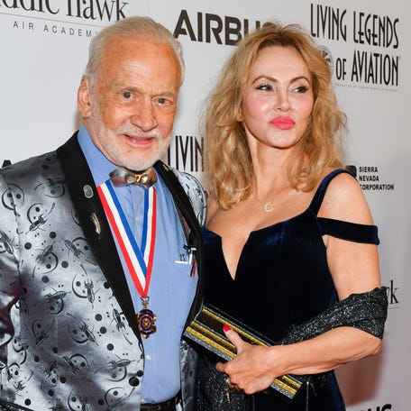 Former astronaut Buzz Aldrin, left, and Anca Faur attend the 16th annual Living Legends of Aviation Awards at The Beverly Hilton Hotel on Jan. 18, 2019, in Beverly Hills, California.