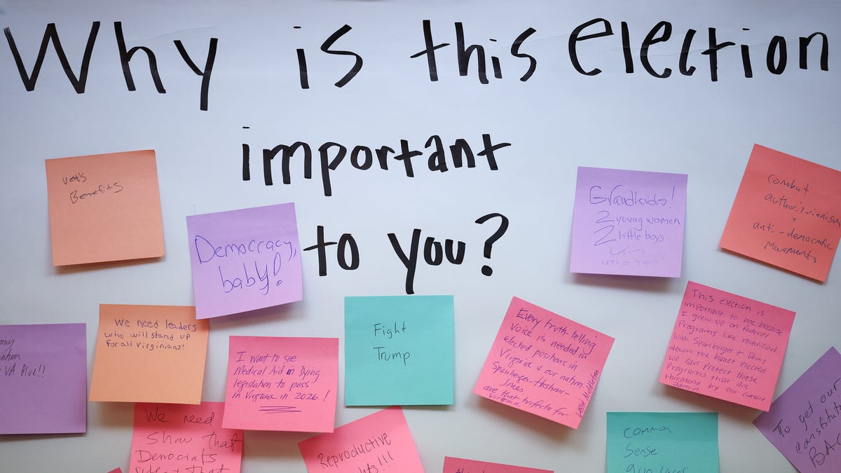 A sign with responses to "Why Is This Election Important To You" is shown in a campaign office for Virginia Democratic gubernatorial candidate Abigail Spanberger on Oct. 28, 2025 in Charlottesville, Virginia. Spanberger is running against Republican Winsome Earle-Sears.