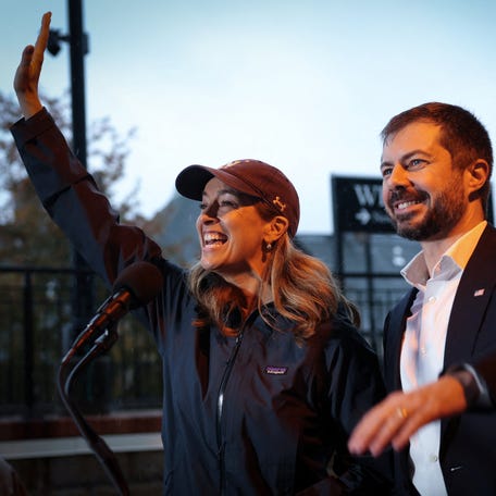 U.S. Representative Mikie Sherrill, Democratic nominee for New Jersey governor, flanked by former U.S. Transportation Secretary Pete Buttigieg, campaigns in support of the Gateway Tunnel Project at the Westfield NJ Transit Train Station in Westfield, New Jersey, U.S., October 30, 2025.