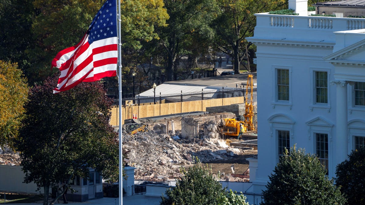 The demolition of the East Wing of the White House, the location of U.S. President Donald Trump's proposed ballroom is seen from an elevated position on the North side of the White House in Washington, D.C., U.S., October 23, 2025.