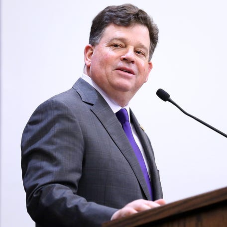 LSU athletics director Scott Woodward introduces Brian Kelly as the head coach of the LSU Tigers during a news conference at Tiger Stadium on December 01, 2021 in Baton Rouge, Louisiana.