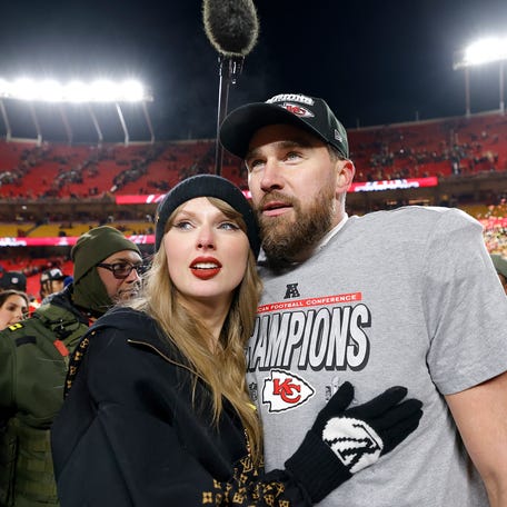 Travis Kelce and Taylor Swift   Taylor Swift celebrates with Travis Kelce of the Kansas City Chiefs after defeating the Buffalo Bills 32-29 in the AFC Championship Game at Arrowhead Stadium on Jan. 26, 2025 in Kansas City.