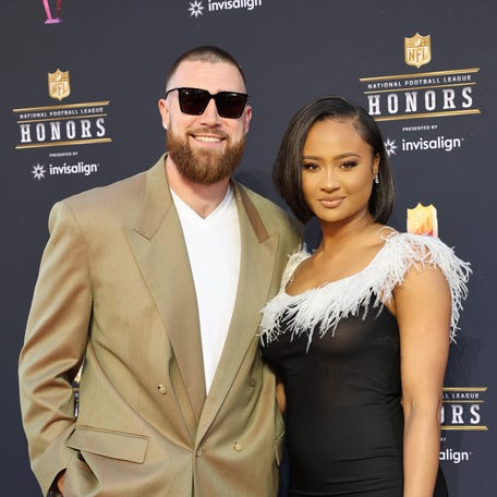 Travis Kelce and Kayla Nicole attend the 11th Annual NFL Honors at YouTube Theater on February 10, 2022 in Inglewood, California.