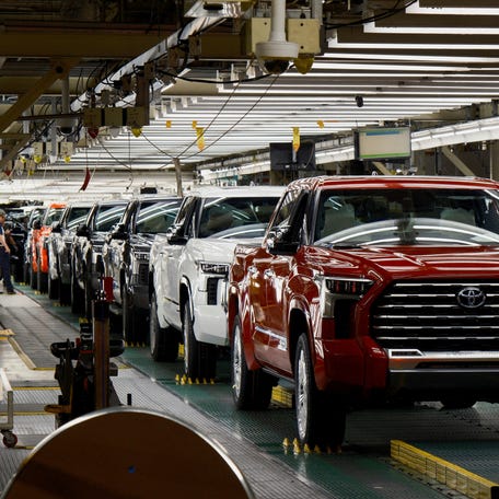 Tundra trucks and Sequoia SUV's exit the assembly line as finished products at Toyota's truck plant in San Antonio, Texas, U.S. April 17, 2023.
