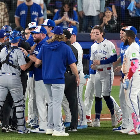 The benches clear in the fourth inning between the Toronto Blue Jays and the Los Angeles Dodgers.