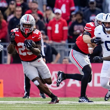Ohio State running back Bo Jackson (25) carries the ball during his team's game against Penn State at Ohio Stadium in Columbus on Nov. 1, 2025.