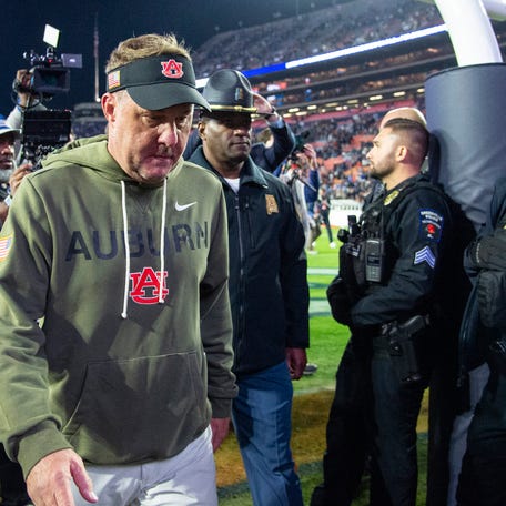 AUBURN, ALABAMA - NOVEMBER 01: Head coach Hugh Freeze of the Auburn Tigers walks off the field after being defeated by the Kentucky Wildcats at Jordan-Hare Stadium on November 01, 2025 in Auburn, Alabama. (Photo by Michael Chang/Getty Images)