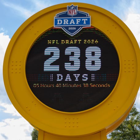 The NFL Draft countdown clock located outside Acrisure Stadium on the Northshore in Pittsburgh, Pa. Thursday, Aug. 28 2025