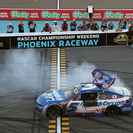 Kyle Larson, celebrates with a burnout after finishing first of the NASCAR Cup Series Championship 4 drivers to win the NASCAR Cup Series Championship at Phoenix Raceway on Nov. 2, 2025 in Avondale, Arizona.