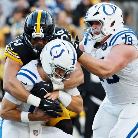 PITTSBURGH, PENNSYLVANIA - NOVEMBER 02: Daniel Jones #17 of the Indianapolis Colts is sacked by Alex Highsmith #56 of the Pittsburgh Steelers during the third quarter of the game at Acrisure Stadium on November 02, 2025 in Pittsburgh, Pennsylvania. (Photo by Justin K. Aller/Getty Images)